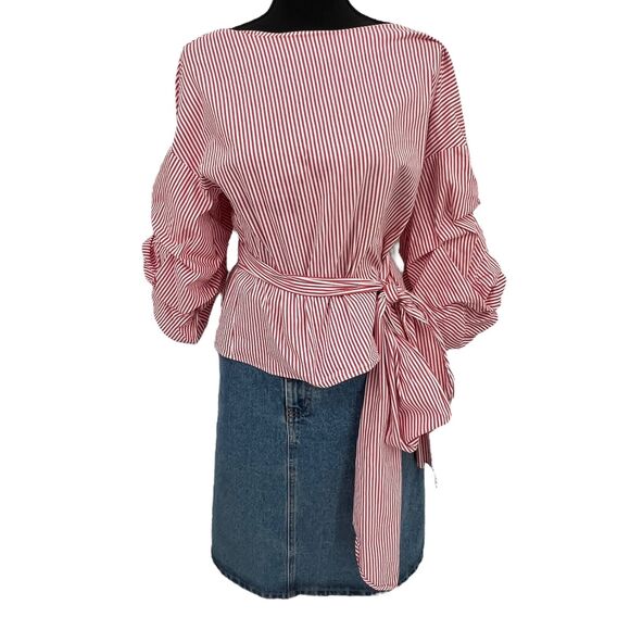 Zara Red & White‎ Striped Puff Sleeve Wrap Career Workwear Business Blouse Med - Picture 4 of 7